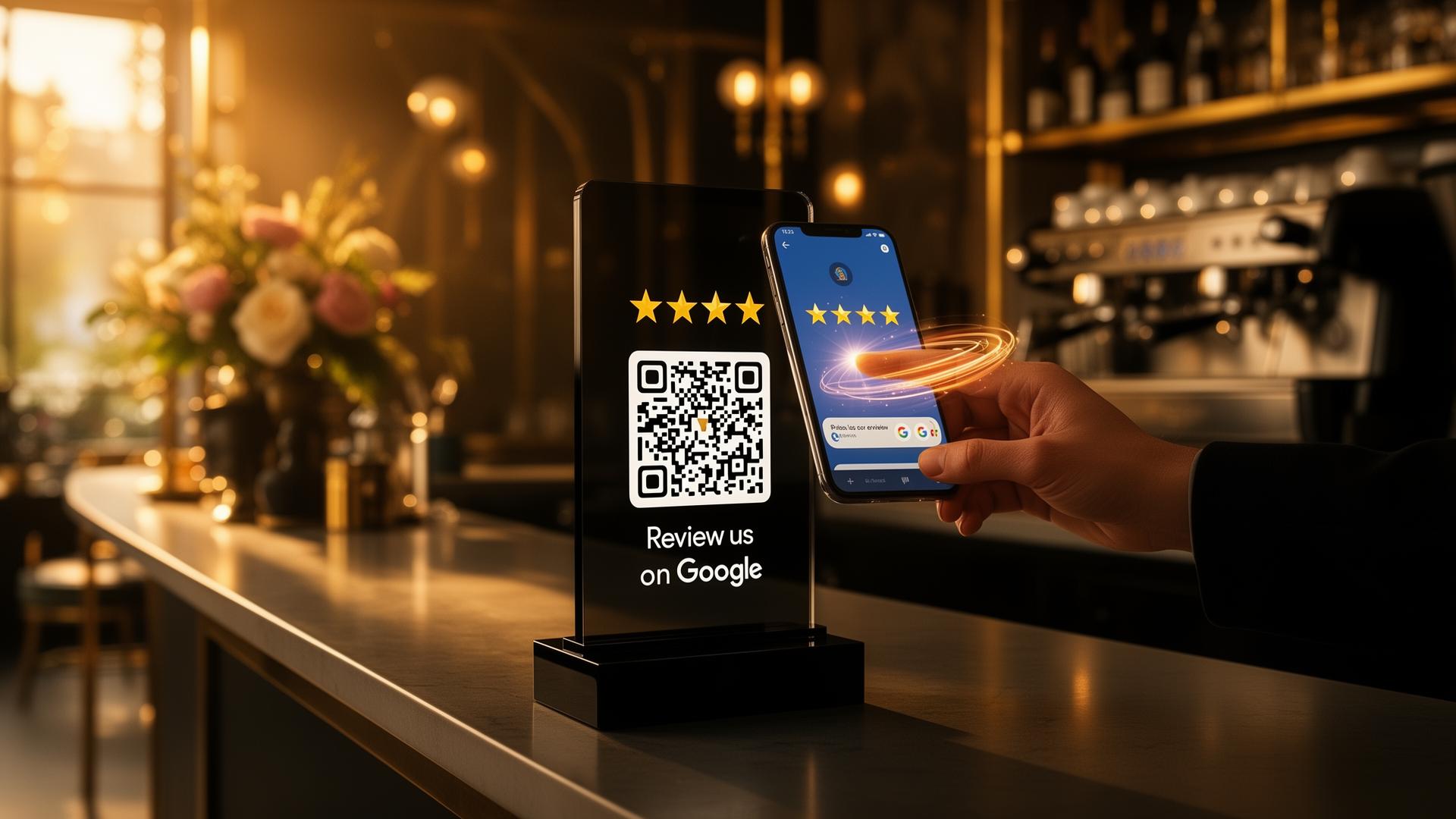 Google review NFC tap stand on a luxurious café counter